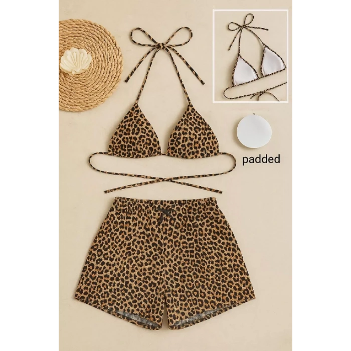 Kadın Leopar Desenli Şortlu Belden Ve Boyundan Bağlamalı Bikini Takımı
