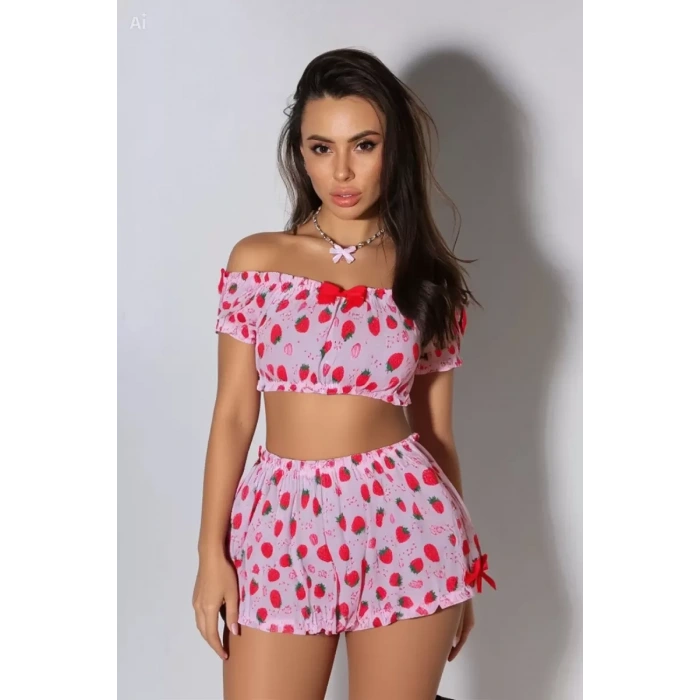 Kadın Pembe Çilek Desenli Şortlu Pijama Takımı