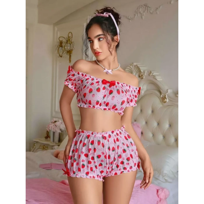 Kadın Pembe Çilek Desenli Şortlu Pijama Takımı