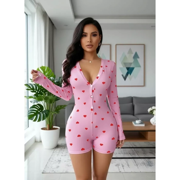 Kadın Pembe Kalp Desenli Zarif Pijama Tulumu Özel Tasarım