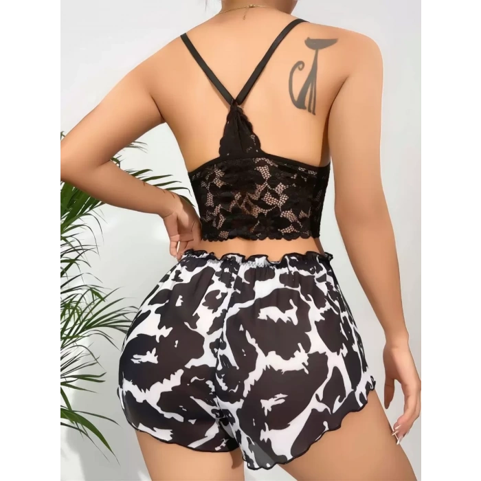 Kadın Siyah Leopar Desenli Dantel Detaylı Şortlu Gecelik Pijama Takımı Şık 2’li Set