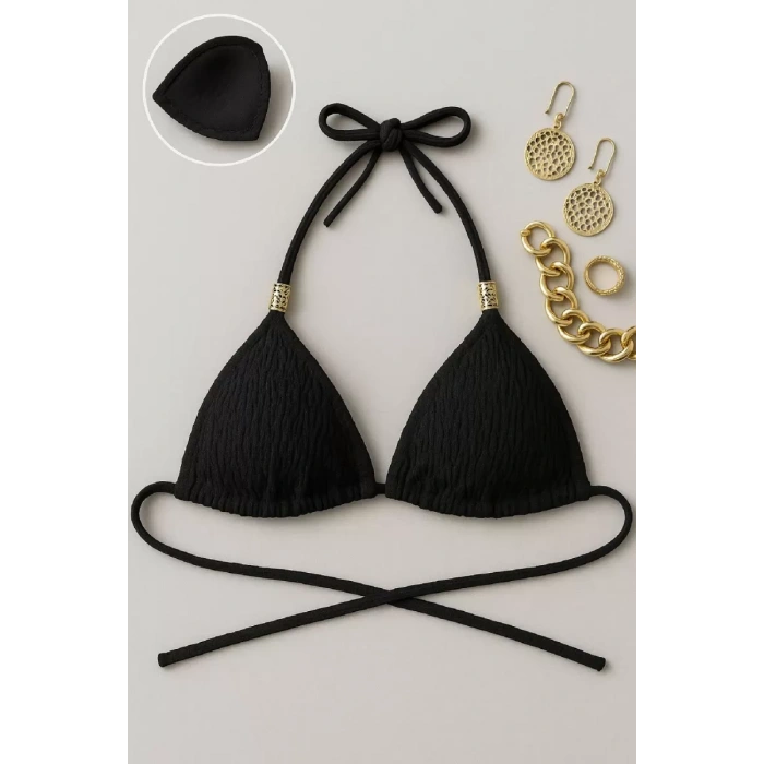 Kadın Siyah Pedli Üçgen Bikini Üstü Halter Bağlamalı Aksesuarlı