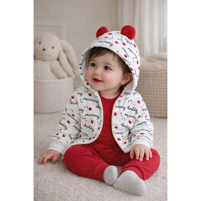 Kalp Desenli Kulaklı 3 Lü Kız Bebek Takımı