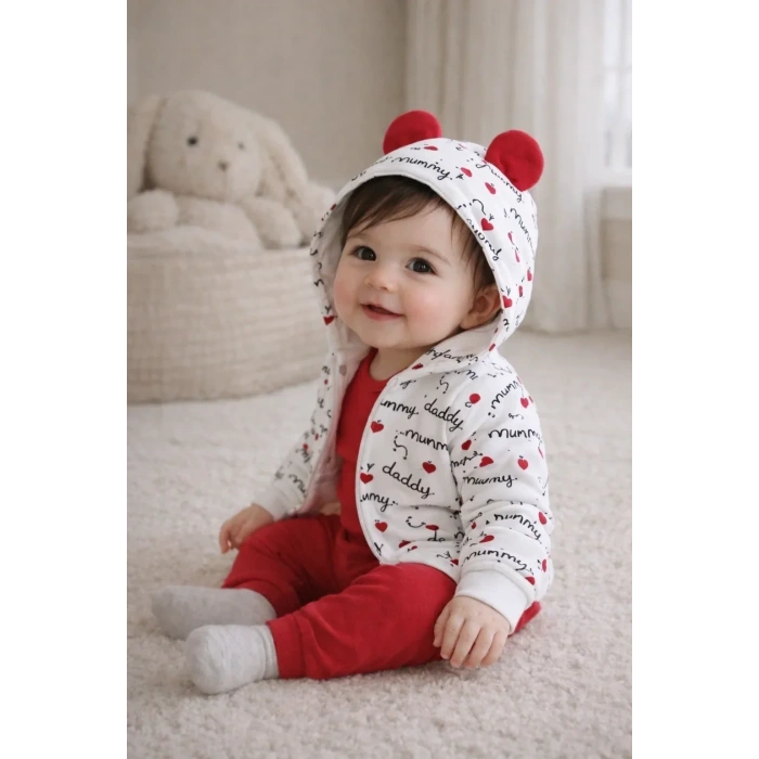 Kalp Desenli Kulaklı 3 Lü Kız Bebek Takımı