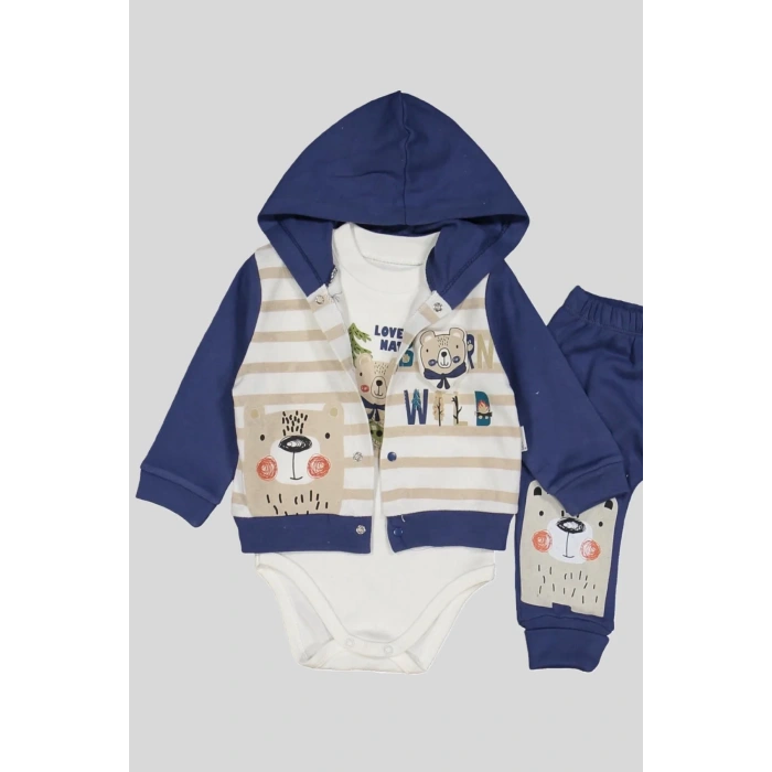 Kamp Desenli Kapüşonlu % 100 Pamuk Erkek Bebek Takımı