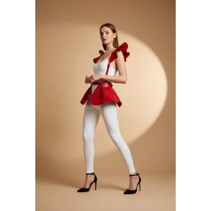 Kırmızı Etek Deri Volanlı Omuz Peplum - Brf1001