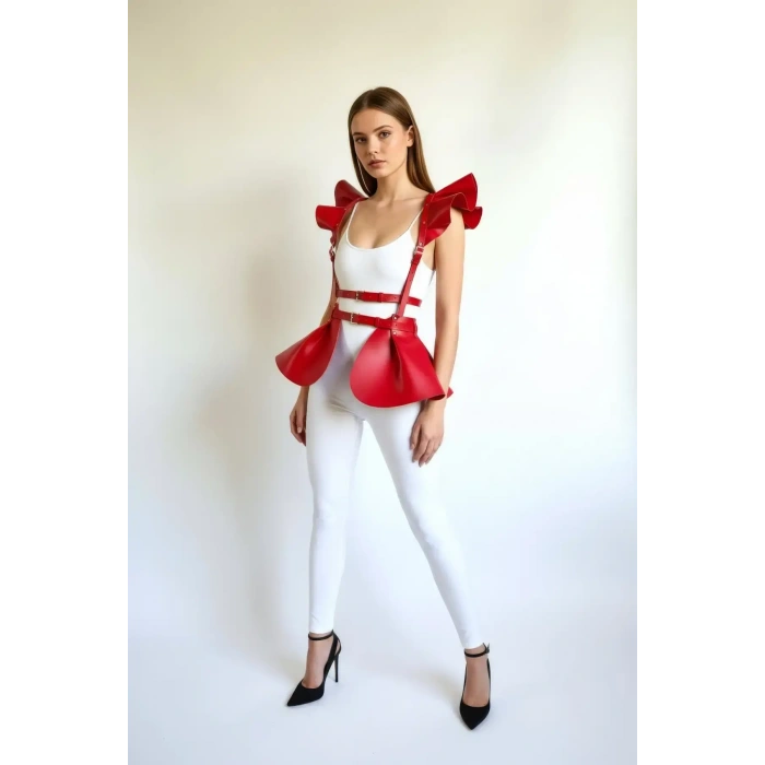 Kırmızı Etek Deri Volanlı Omuz Peplum - Brf1001