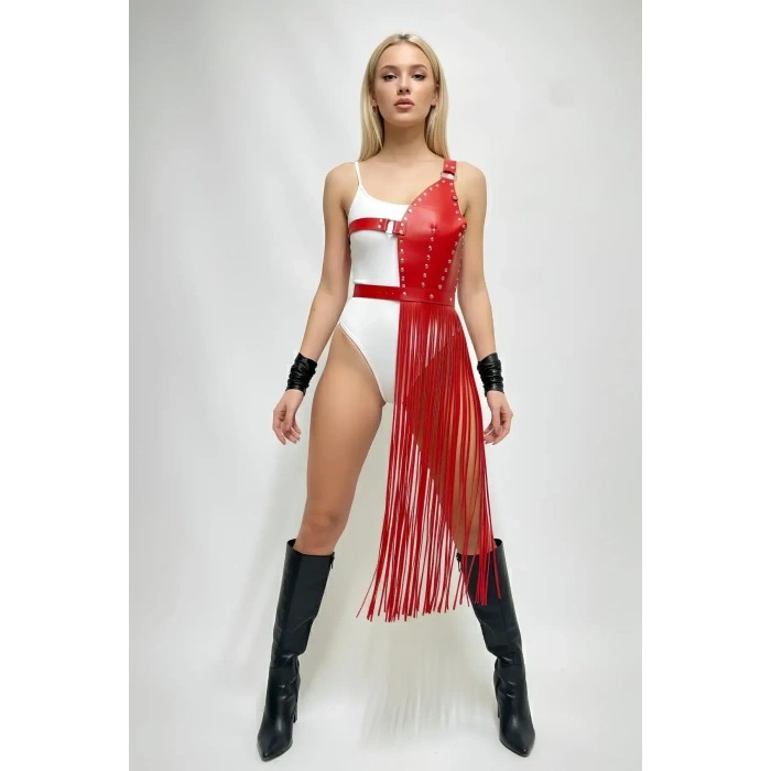 Kırmızı Etek Deri Zımba Detaylı Etek Püsküllü - Brf1014