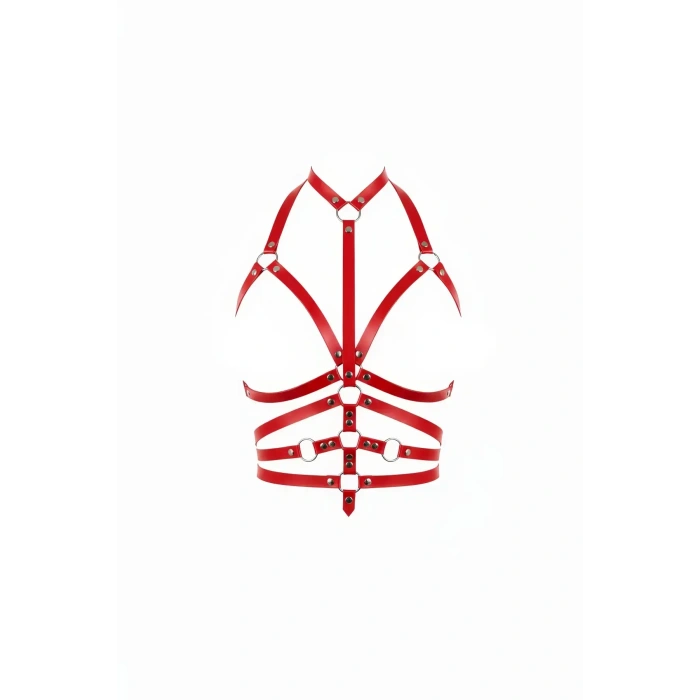 Kırmızı Göğüs Harness Deri Halka Detaylı Vücut Aksesuarı - Brf24