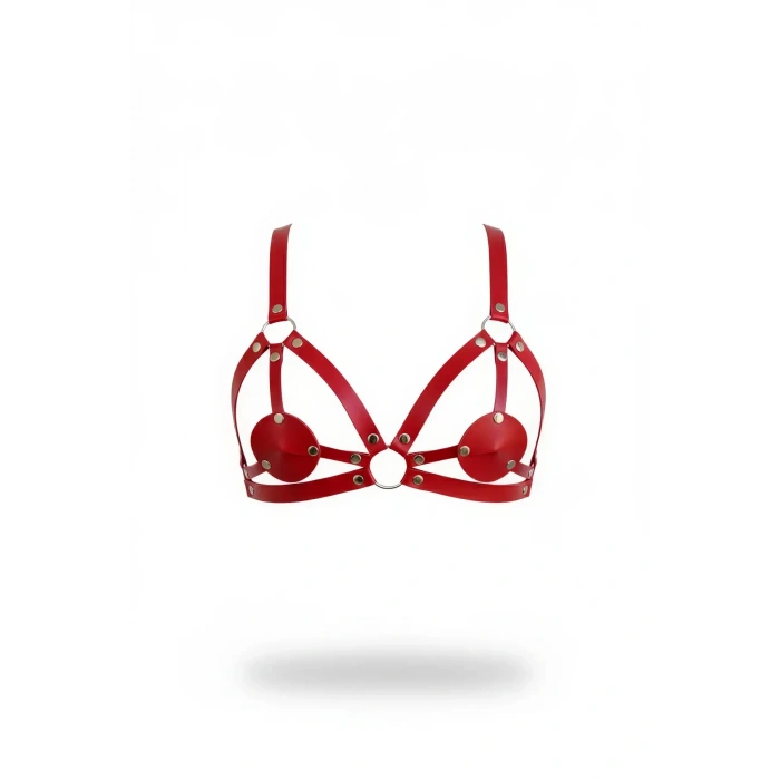 Kırmızı Göğüs Harness Deri Metal Halka Detaylı - Brf112
