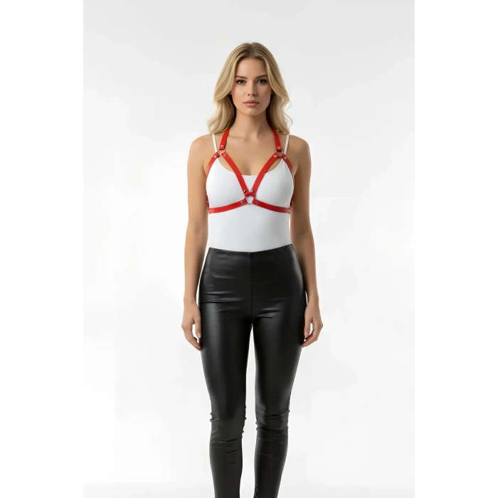 Kırmızı Göğüs Harness Suni Deri Zımba Detaylı - Brf25