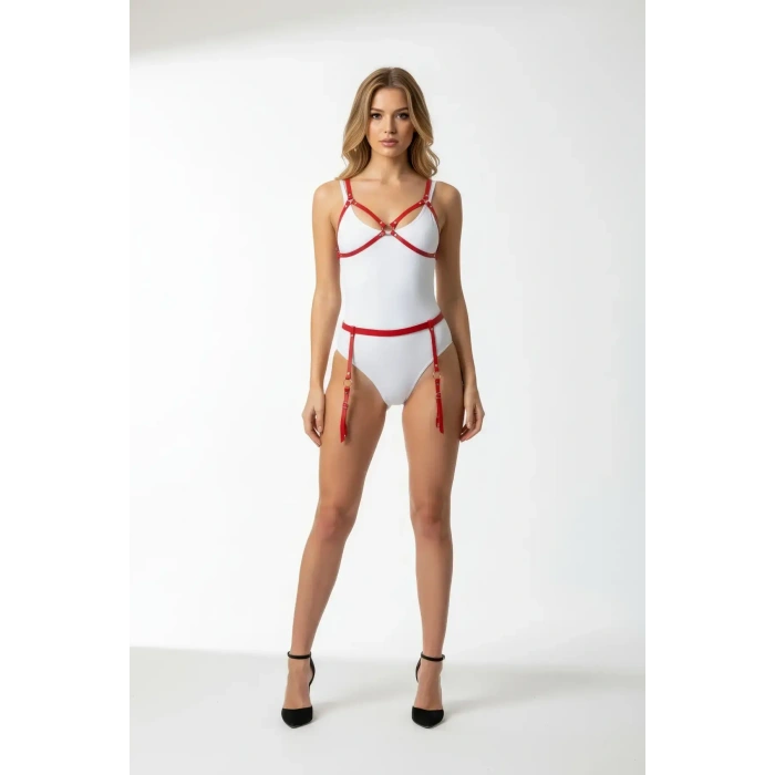 Kırmızı Harness Takım Halka Detaylı Vücut Kemeri - Brf228