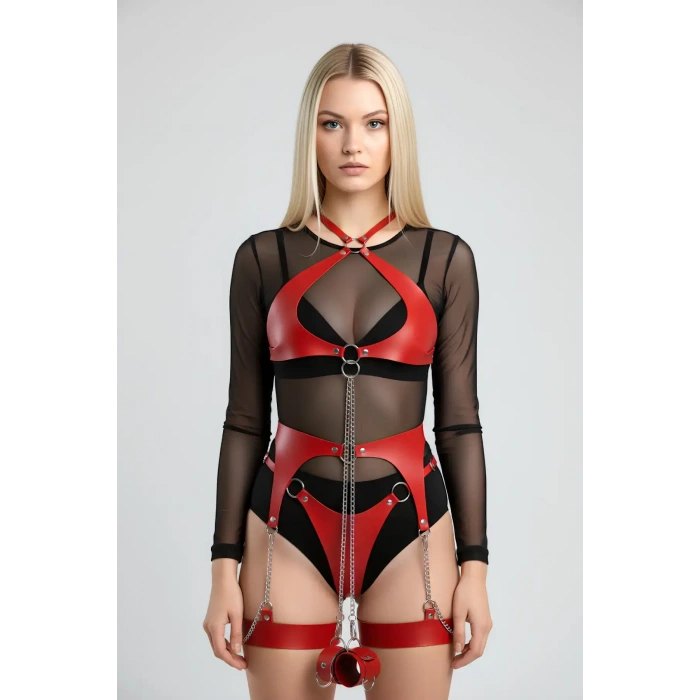 Kırmızı Harness Takım Suni Deri Zincir Detaylı Vücut Kemeri - Brf1219