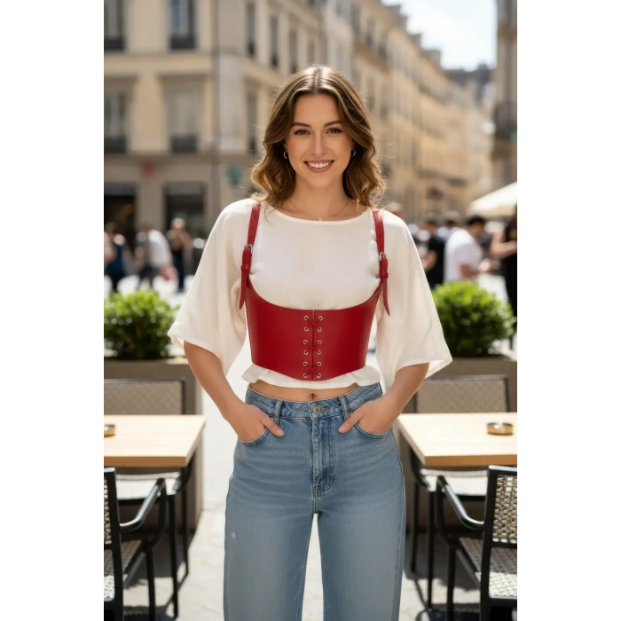 Kırmızı Kadın Kemer Bağcıklı Korse Stil Geniş Bel - Brf1428