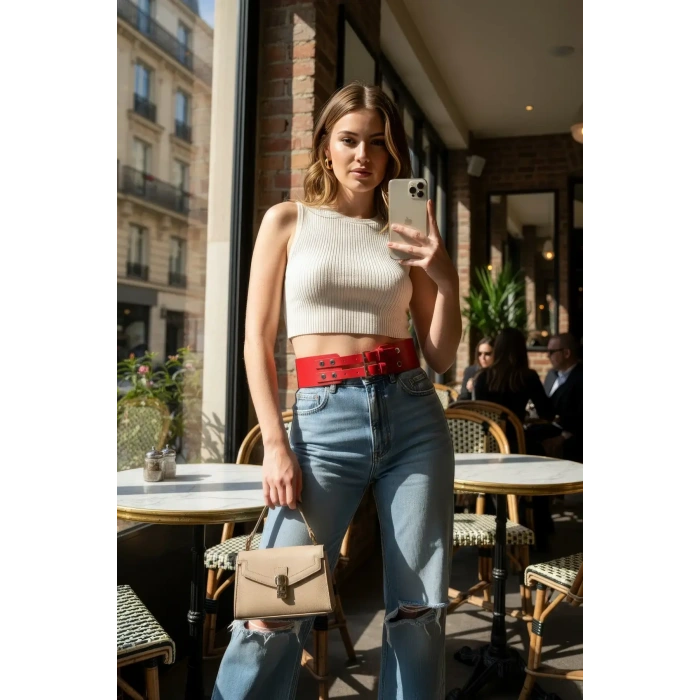 Kırmızı Kadın Kemer Çift Tokalı Geniş Bel Aksesuarı - Brf1203