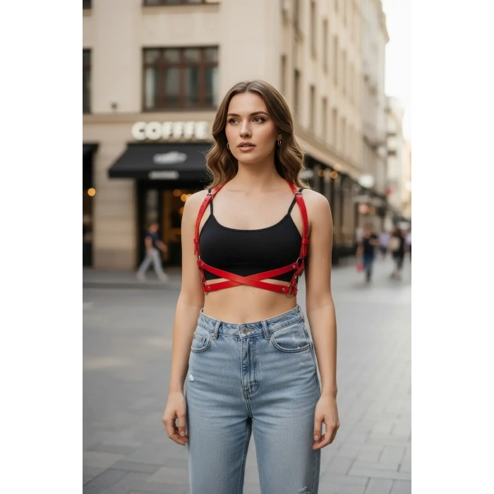 Kırmızı Kadın Kemer Deri Çapraz Halkalı Gövde Aksesuarı - Brf204