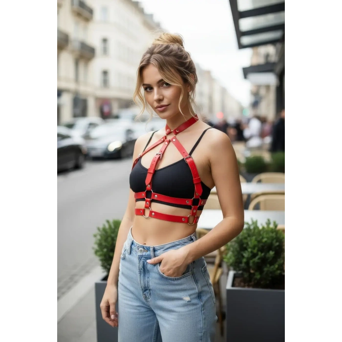 Kırmızı Kadın Kemer Suni Deri Çapraz Vücut Aksesuarı - Brf218