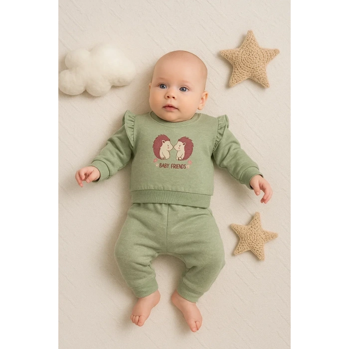 Kirpi Nakışlı % 100 Pamuk 2li Kız Bebek Takım