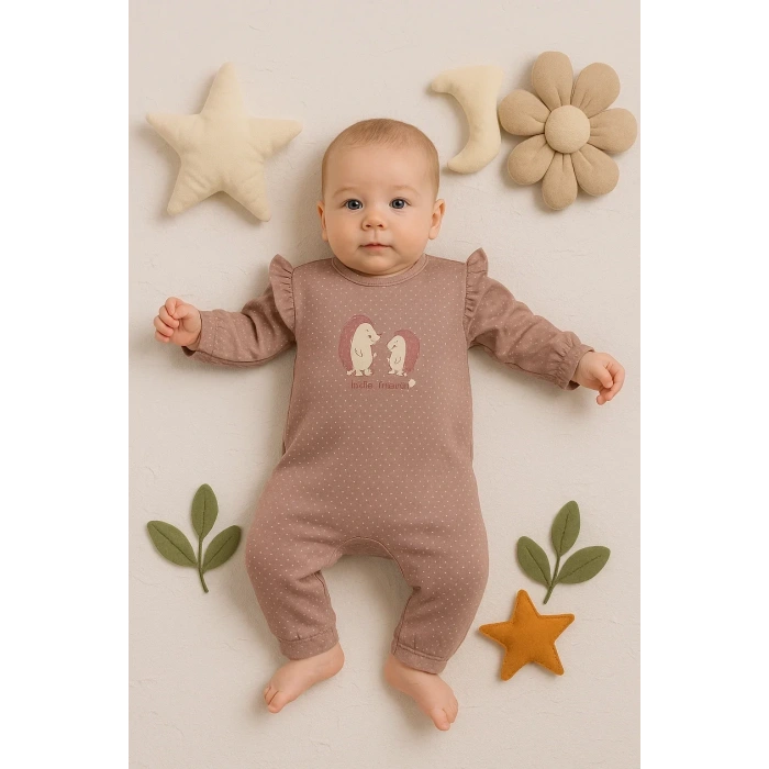 Kirpi Nakışlı % 100 Pamuk Kız Bebek Tulum