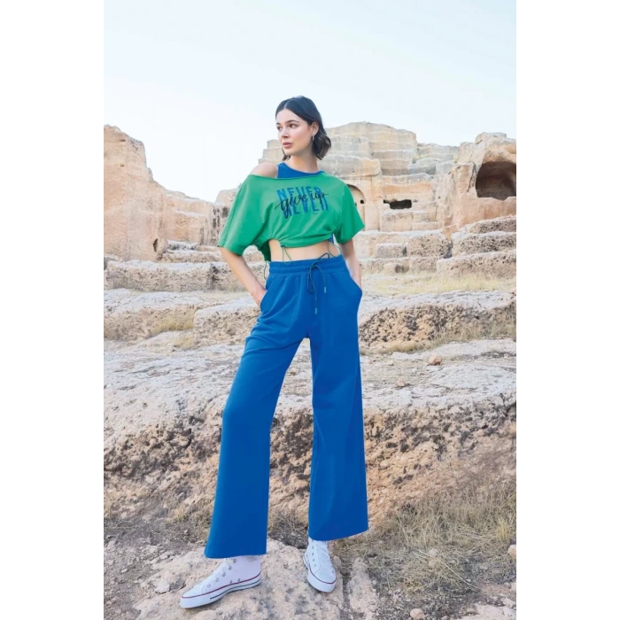 Kısa Kollu never Give Up 3lü Crop Eşofman Takımı