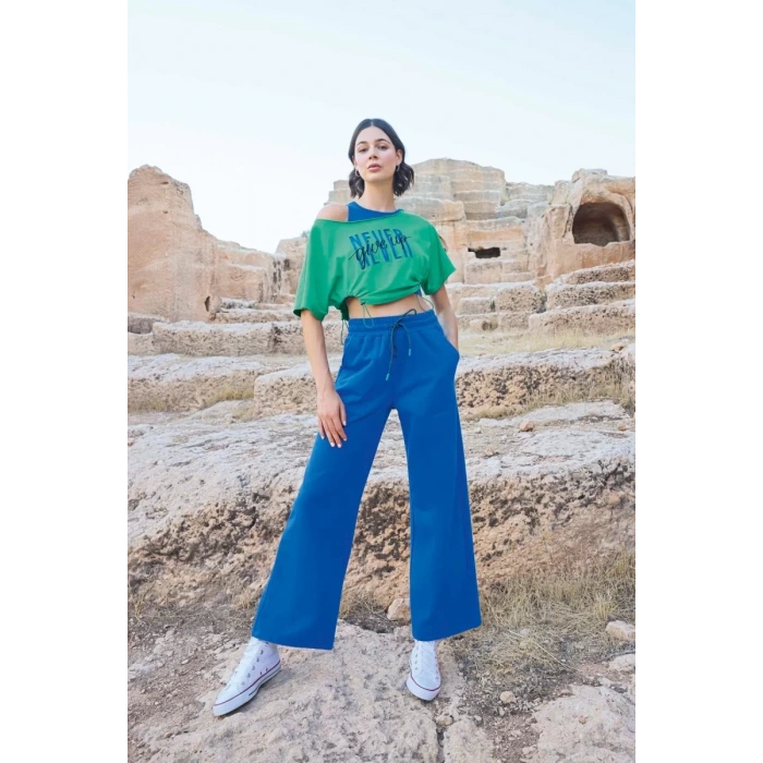 Kısa Kollu never Give Up 3lü Crop Eşofman Takımı