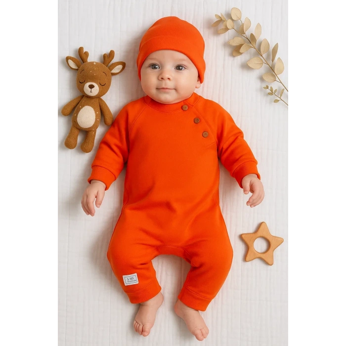 Kollu Düğme Detaylı Unısex Bebek Tulumu