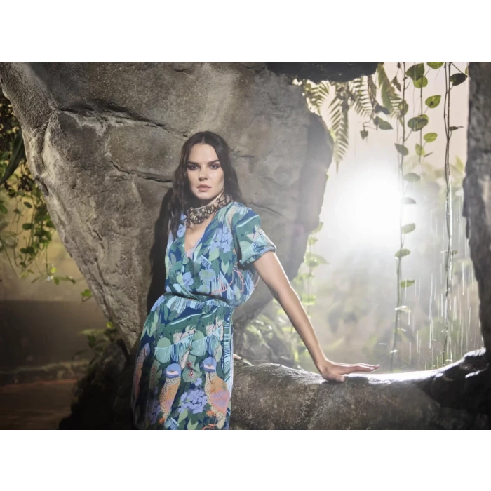 Kuş Ve Yaprak Desenli Önü Düğmeli Elbise