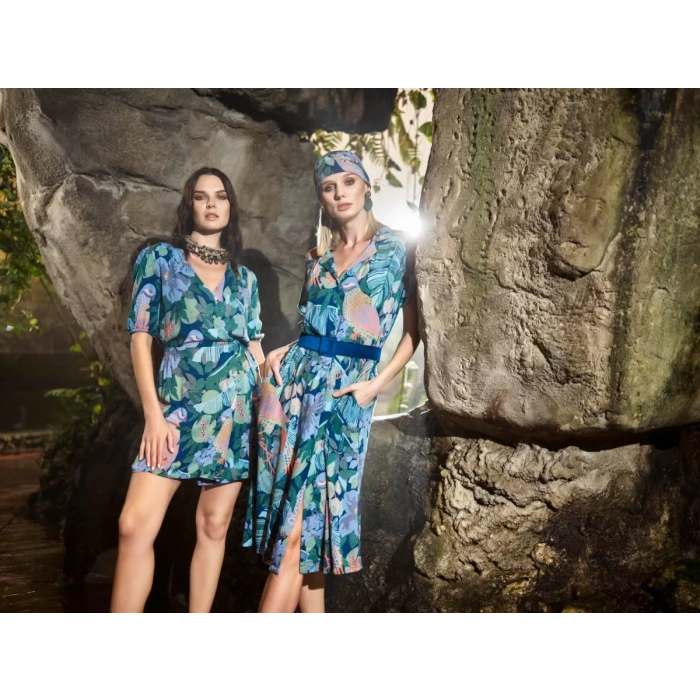 Kuş Ve Yaprak Desenli Önü Düğmeli Elbise