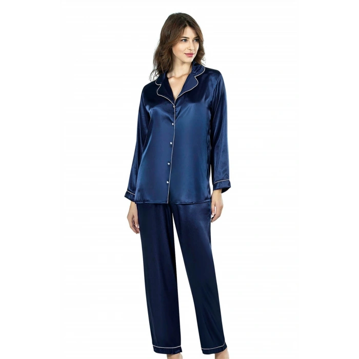 Lacivert İkili Saten Gecelik Pijama Takımı 7647