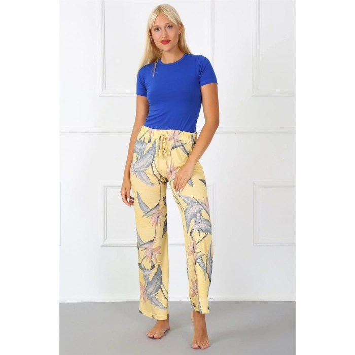 Moda Bayan Penye Bol Paça Pantolon Sarı