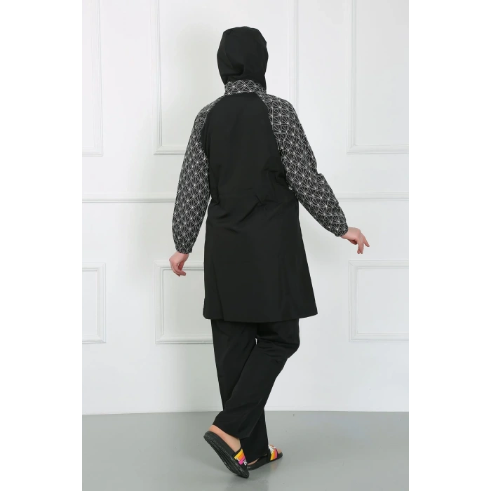 Moda Büyük Beden Desenli Tesettür Mayo Siyah