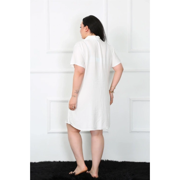 Moda Büyük Beden Dokuma Düğmeli Beyaz Tunik Gecelik