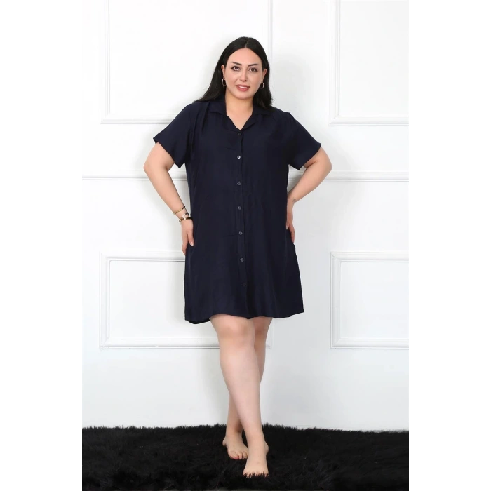 Moda Büyük Beden Dokuma Düğmeli Lacivert Tunik Gecelik