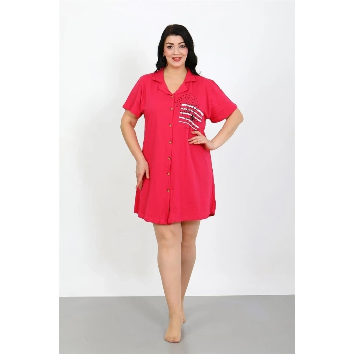 Moda Büyük Beden Penye Düğmeli Fuşya Tunik Gecelik