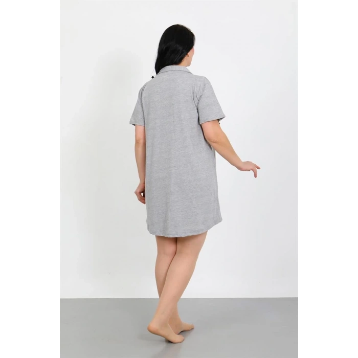 Moda Büyük Beden Penye Düğmeli Gri Tunik Gecelik