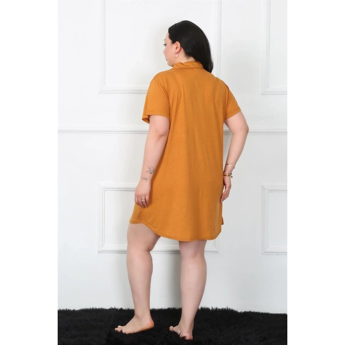 Moda Büyük Beden Penye Düğmeli Hardal Tunik Gecelik