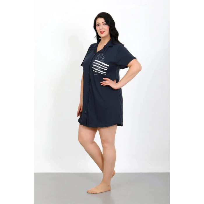 Moda Büyük Beden Penye Düğmeli Lacivert Tunik Gecelik