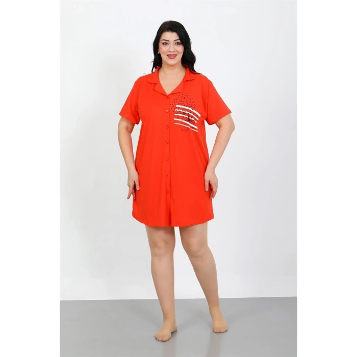 Moda Büyük Beden Penye Düğmeli Nar Çiçeği Tunik Gecelik