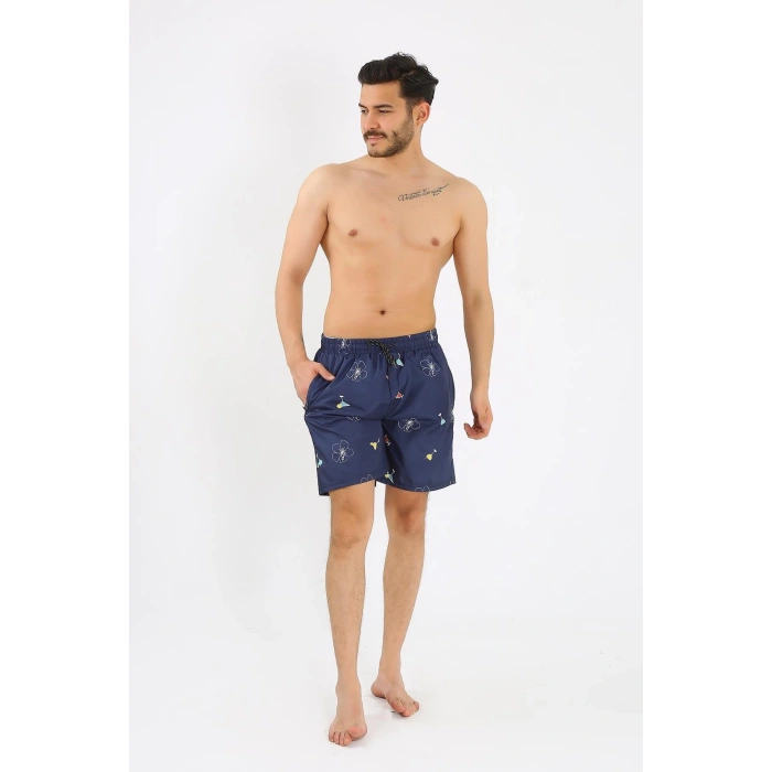 Moda Erkek Desenli Fermuar Cepli Deniz Şortu Lacivert