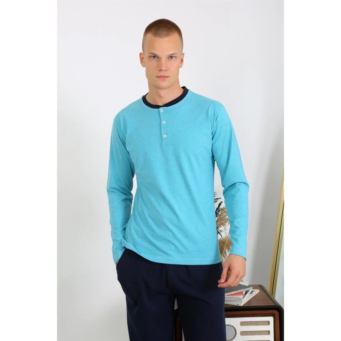 Moda Erkek Penye Uzun Kol Pijama Takımı Turkuaz