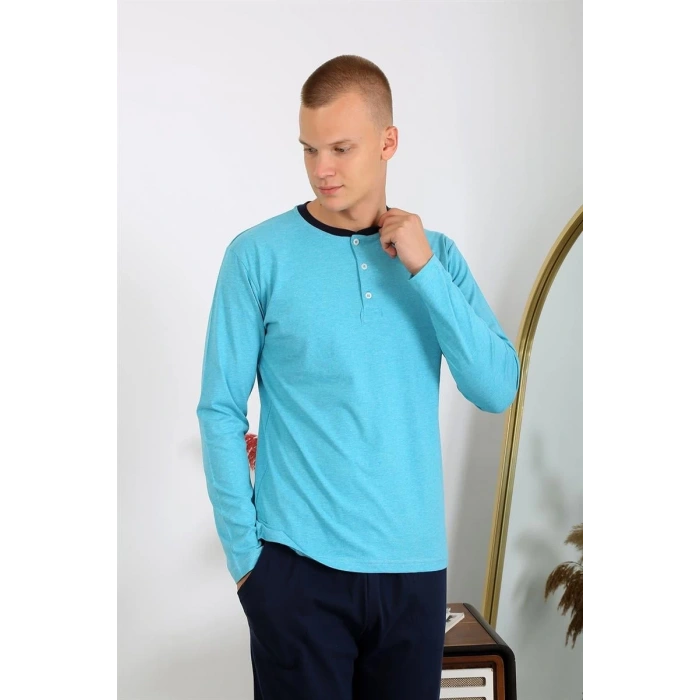 Moda Erkek Penye Uzun Kol Pijama Takımı Turkuaz