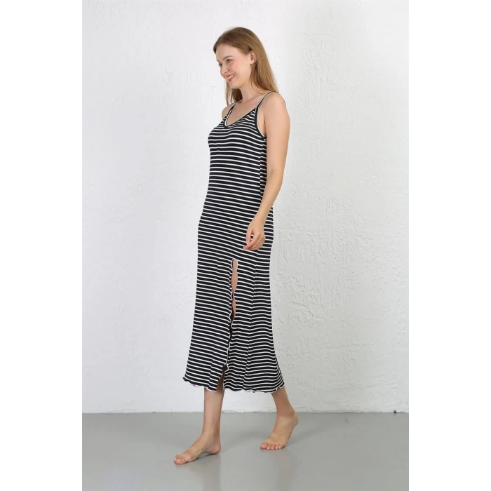 Moda İp Askılı Uzun Yırtmaçlı Penye Gecelik