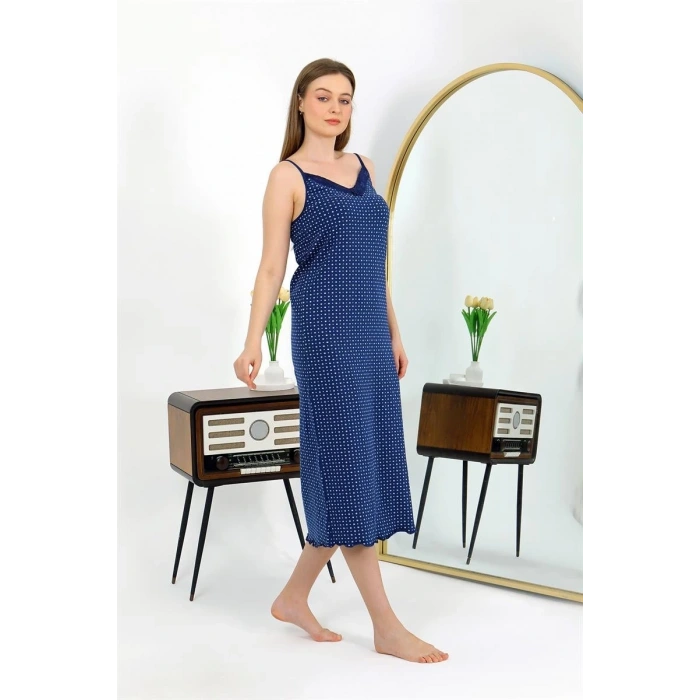 Moda İp Askılı Uzun Yırtmaçlı Penye Gecelik Lacivert