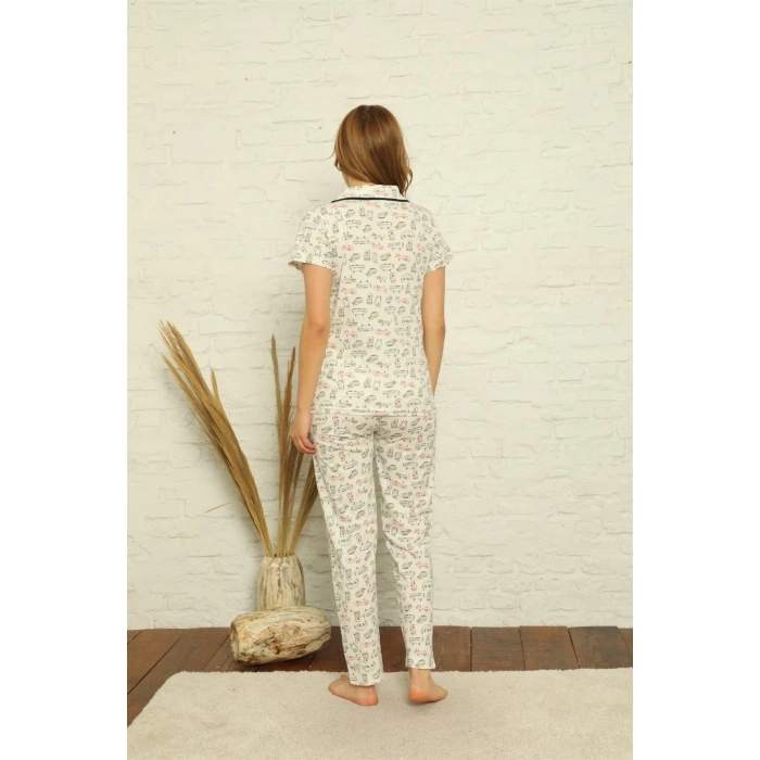 Moda Kadın %100 Pamuk Önden Düğmeli Kısa Kol Pijama Takım Ekru