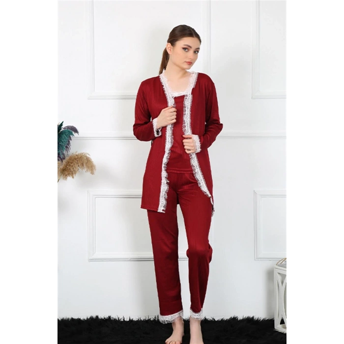 Moda Kadın 3lü Bordo Sabahlık Takım