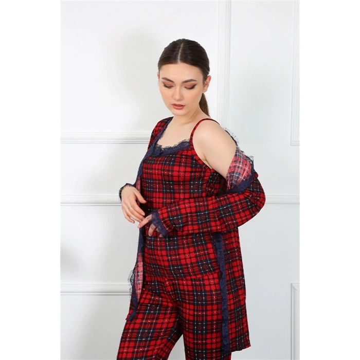 Moda Kadın 3lü Ekoseli Sabahlık Takım Kırmızı