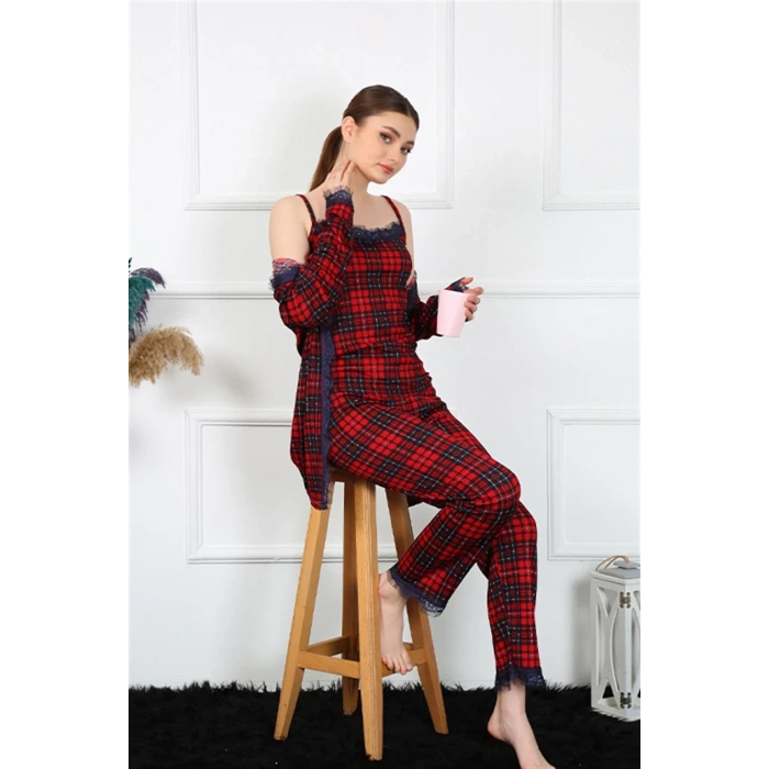 Moda Kadın 3lü Ekoseli Sabahlık Takım Kırmızı