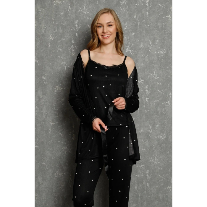 Moda Kadın 3lü Sabahlık Pijama Takım Siyah