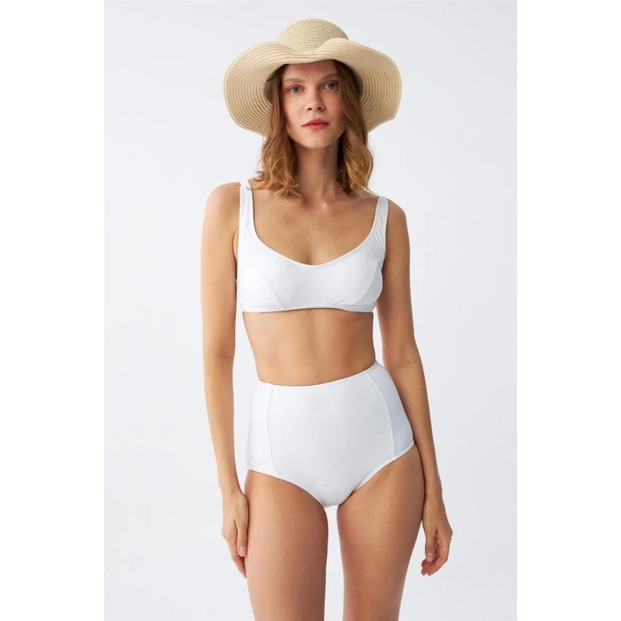 Moda Kadın Basic Beyaz Pedli Yüksek Bel Bikini Takımı
