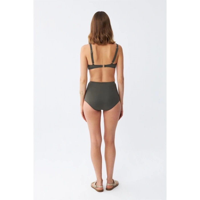 Moda Kadın Basic Haki Pedli Yüksek Bel Bikini Takımı